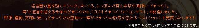 名古屋の夏を熱くアツークしめくくる、にっぽんど真ん中祭り（略称：どまつり）。
第16回目を迎える今年のどまつりでも、「2014どまつりフォトコンテスト」を開催しました。
緊張、躍動、笑顔に涙･･･。どまつりでの感動の一瞬やどまつりの熱気が伝わるベストショットを発表いたします！