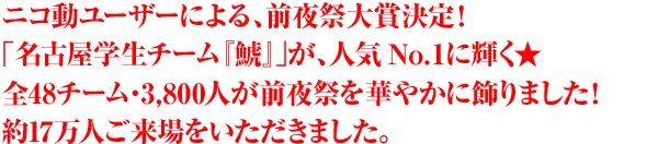 ニコ動ユーザーによる、前夜祭大賞決定！ 「名古屋学生チーム『鯱』」が、人気No.１に輝く★ 全48チーム・3,800人が前夜祭を華やかに飾りました！ 約17万人ご来場をいただきました。